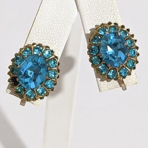 Vintage Gold & Blue Rhinestone Screw Back Earrings